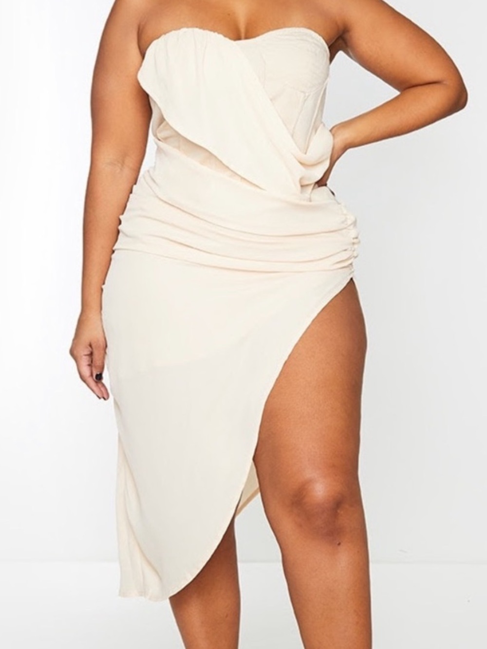 PrettyLittleThing Plus strapless drape bodycon asymmetrical mini dress